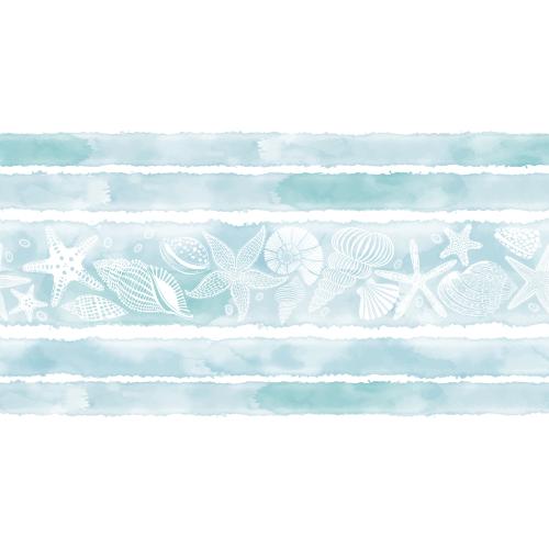 矢量图片 无缝海洋主题花边，带有贝壳、海星、菊石和浅蓝色水彩条纹