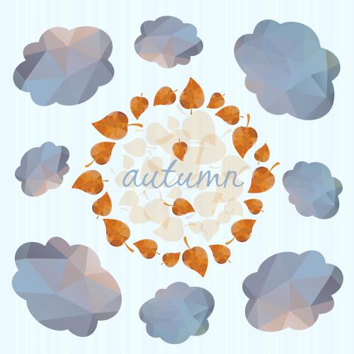 云朵。矢量图 阴郁的秋云 黄叶圆框与英文autumn字样