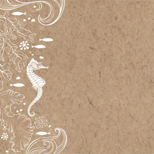 珊瑚。矢量图 海底世界，海马，鱼，水藻，珊瑚，海浪，纸浆模塑文字区