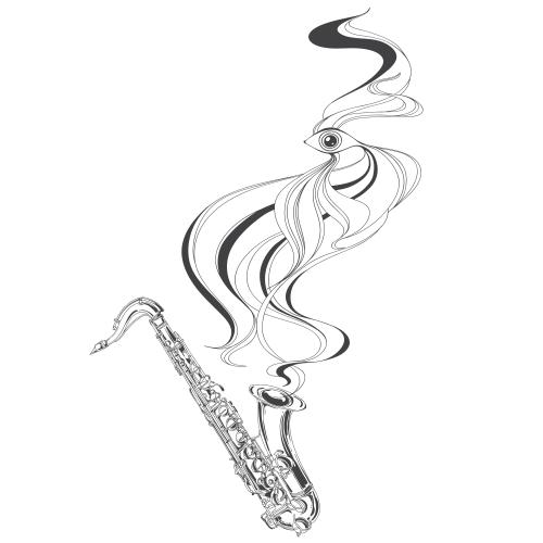 萨克斯。矢量图 萨克斯管，白色背景上的造型小鱼