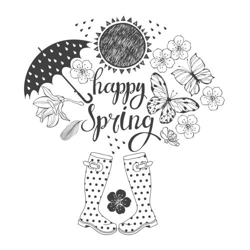 太阳。矢量图 春日主题组合，白色背景配'Happy Spring'字样