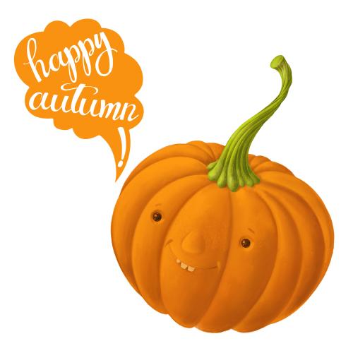 原创位图 可爱的卡通南瓜配上“happy autumn”祝福语白色背景