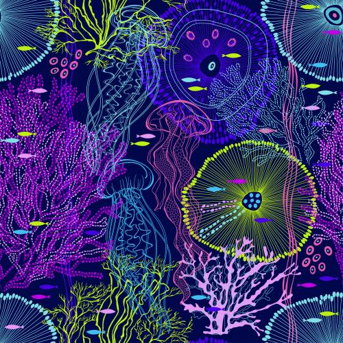水母。矢量图 深蓝色抽象海洋生物水母小鱼珊瑚海藻