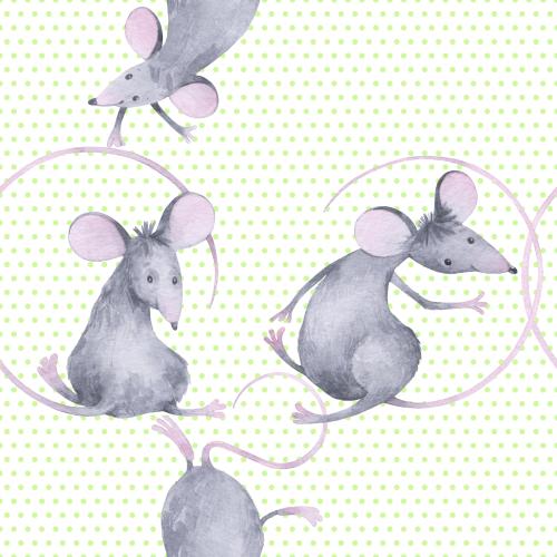 原创位图 可爱的卡通水彩老鼠在白色背景上带有绿色波点