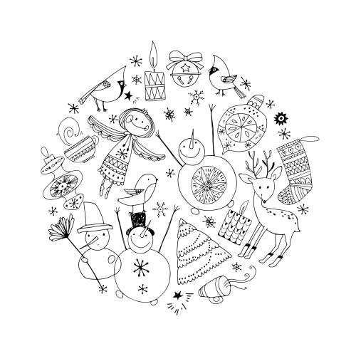 圣诞节。矢量图 天使、雪人、驯鹿、玩具、蜡烛和其他冬季节日符号环绕在白色背景上