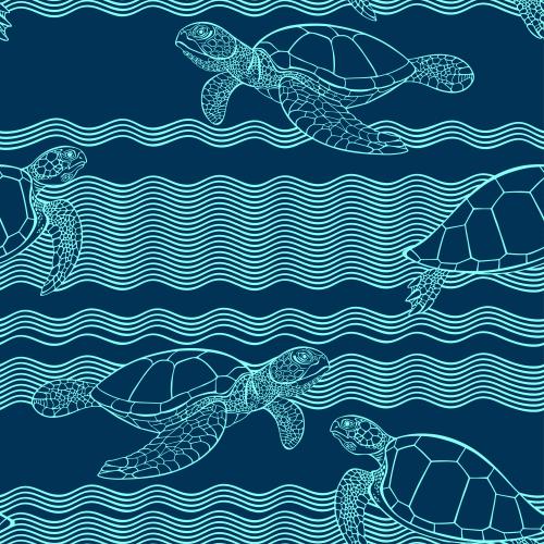 乌龟。矢量图 乌龟和波浪在蓝色上