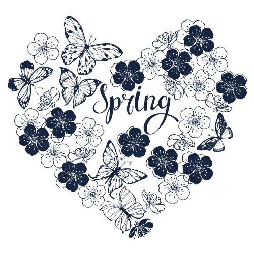 春天。矢量图 白色心形图案上的蝴蝶、花朵和写有"spring"的装饰