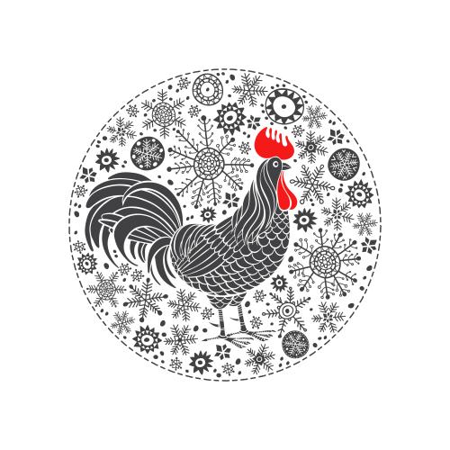 公鸡。矢量图 环形雪花白底公鸡