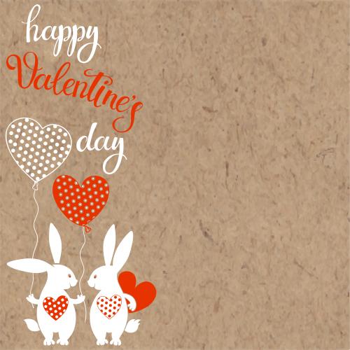 气球。矢量图 两只可爱的带着气球的兔子、心形及“Happy Valentine's Day”字样的红白剪影，在牛皮纸上