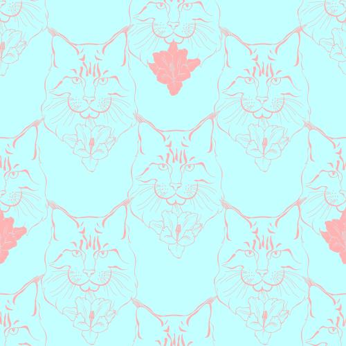 缅因猫。矢量图 缅因猫猫脸和蓝色背景上的花朵