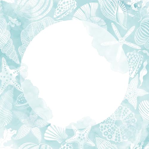 图像海星, 贝壳, 鹦鹉螺, 海胆, 珊瑚, 海藻，水彩蓝背景，白色圆形文本框