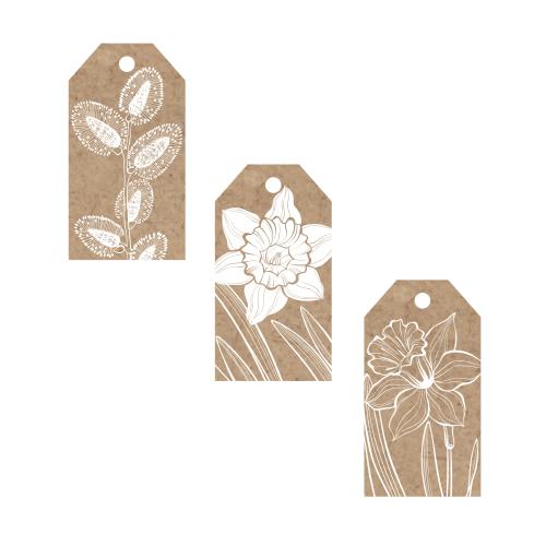 柳树。矢量图 三款手工吊牌，带有水仙花和柳枝