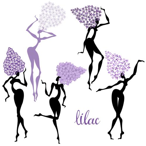 紫丁香。矢量图 跳舞的女人-丁香花白底