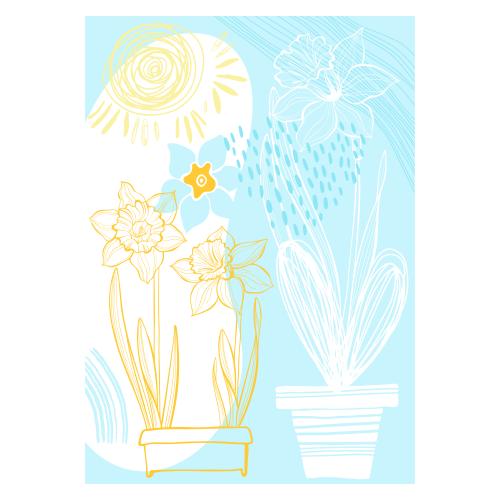 贺卡。矢量图 春天水仙花太阳爱心明信片
