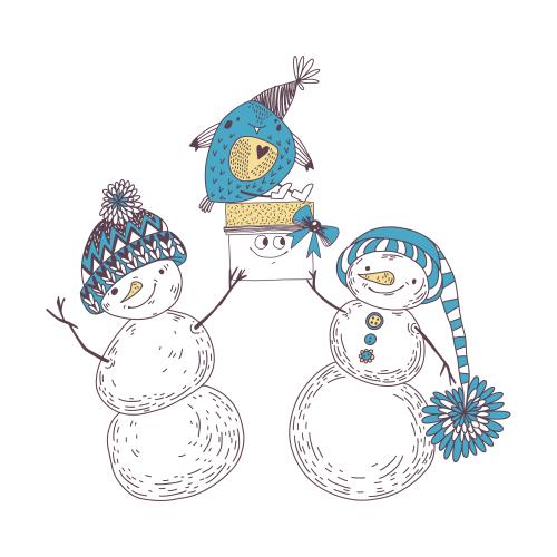雪人。矢量图 卡通雪人，白底带礼物的小鸟