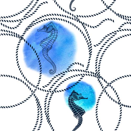 原创位图 海洋绳圈，海马，白色背景上的圆形水彩图案