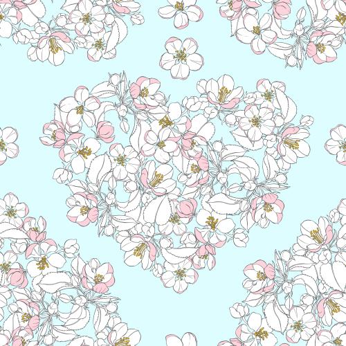 苹果花。矢量图 蓝底心形苹果花