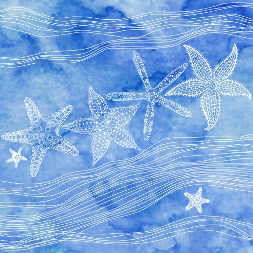 矢量图片 海星，蓝色水彩上的波浪