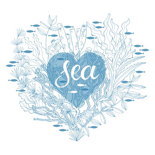 矢量图片 海洋主题组合，带有海藻、珊瑚、鱼以及心形的'sea'字样，白色背景