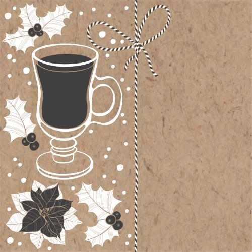酒杯。矢量图 热红酒杯，波因塞特，冬青，雪，节日缎带配蝴蝶结及牛皮纸上可书写的位置
