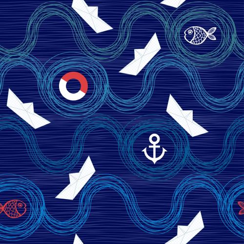 鱼类。矢量图 纸船、小鱼、救生圈、蓝色波浪上的锚