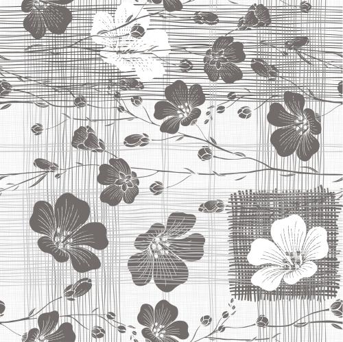 格子花纹。矢量图 亚麻花开的花朵与枝条，格子布上的装饰元素