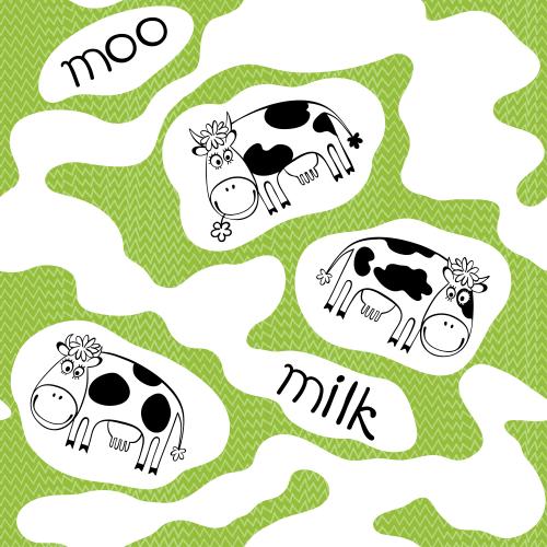 动物。矢量图 可爱的卡通奶牛，白色牛奶斑点，草地上有moo和milk字样