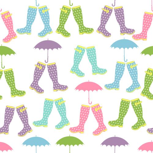 雨。矢量图 彩色橡胶波点雨靴和白底雨伞
