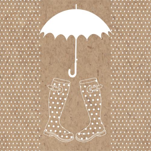 水滴。矢量图 雨伞橡胶靴白色轮廓在牛皮纸上