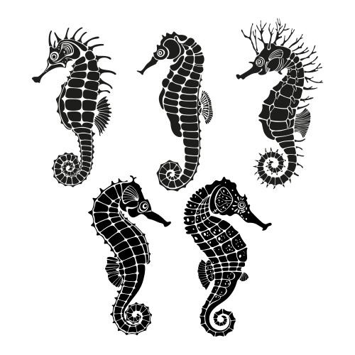 矢量图片 海马，白底黑影，五个角色