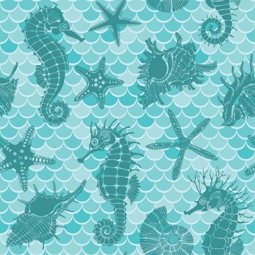 矢量图片波浪上的海马、海星和贝壳