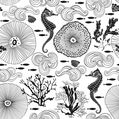 矢量图片 抽象海洋生物、海马、鱼、贝壳、珊瑚、海藻、白色背景上的装饰波浪