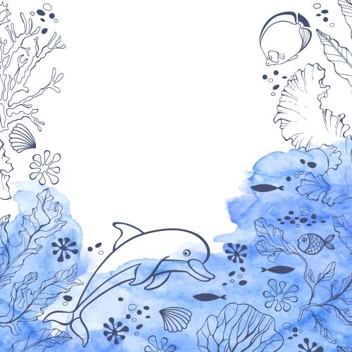 珊瑚。矢量图 白色底上的蓝色水彩画片段：海豚、鱼类、海藻和珊瑚