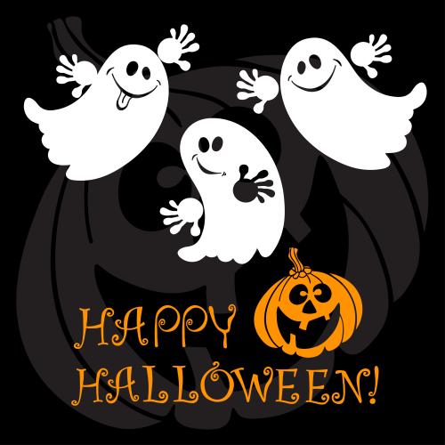 鬼魂。矢量图 三个可爱的卡通幽灵、南瓜灯、黑色背景上的“Happy Halloween”文字