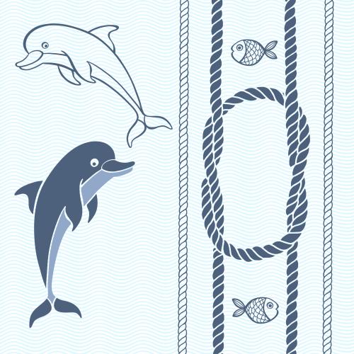 波浪形的。矢量图 海豚、鱼、海上缆绳和海上结在蓝色波浪上