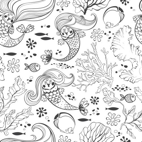 海。矢量图 魔法般的水下世界，美人鱼、鱼、海藻、珊瑚在白色背景上