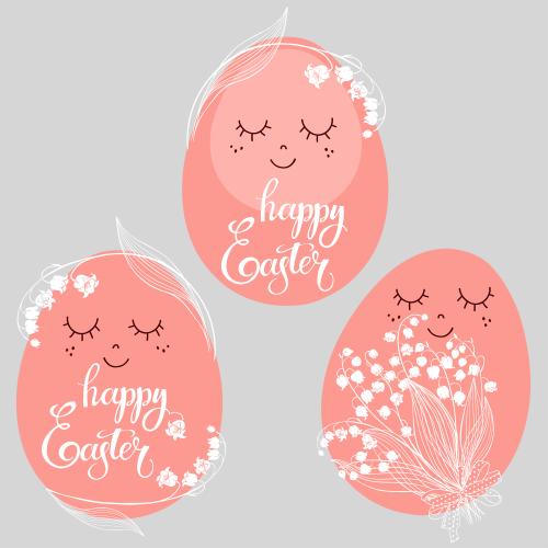 矢量图片 三个带铃兰和“happy easter”字样的卡通复活节彩蛋