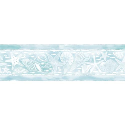 矢量图片 无缝边框海洋主题贝壳海星鹦鹉螺小鱼蓝色水彩条纹