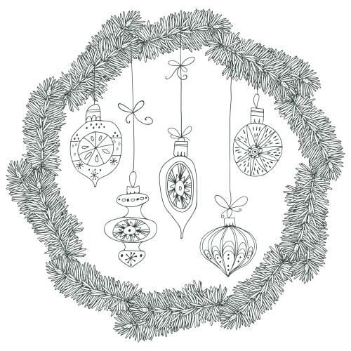 松树。矢量图 白底松枝花环与圣诞饰品