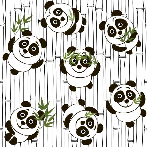 竹子。矢量图 竹枝，可爱卡通熊猫与绿色竹叶枝条
