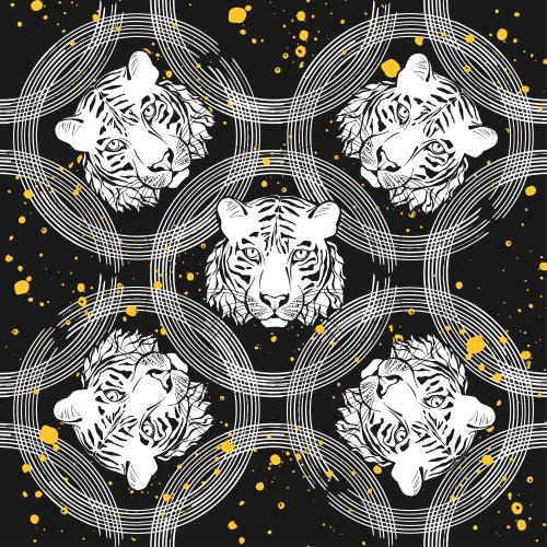 墨渍。矢量图 老虎头，白色圆圈，黑底装饰黄斑