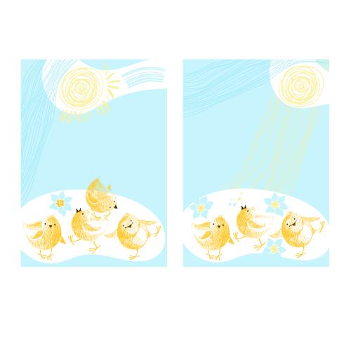 小鸡。矢量图 带有可爱雏鸡、太阳和水仙花的两张春季明信片