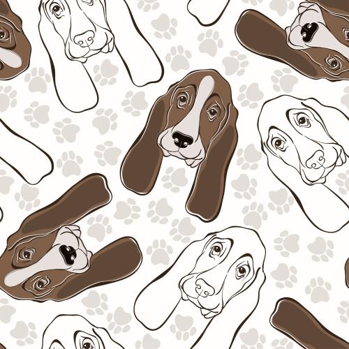 狗。矢量图 巴塞特猎犬的肖像及灯光上的爪印