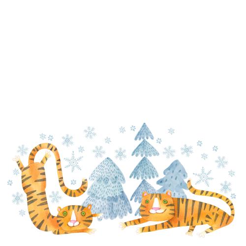 原创位图 水彩卡通老虎-松树-雪花-白色背景上的文字区域