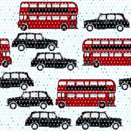 抽象。矢量图 红色双层公共汽车和雨中的出租车