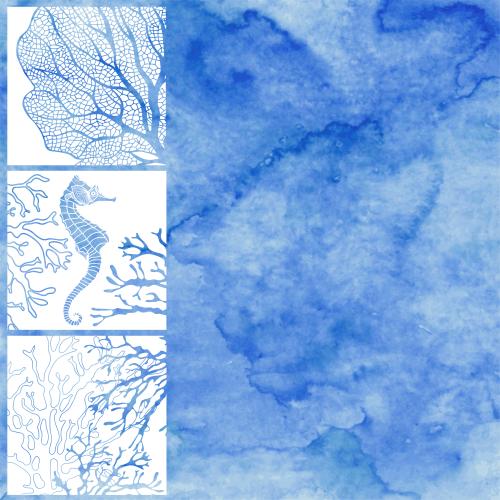 矢量图片 海马、水草和文字区的蓝色水彩画风组合
