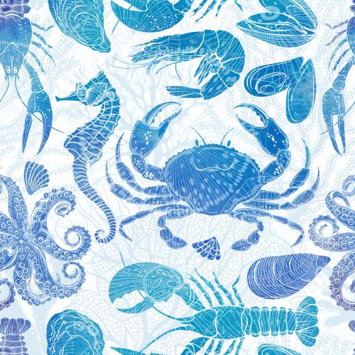 小龙虾。矢量图 海马，章鱼，螃蟹，贻贝，牡蛎，龙虾，小龙虾，虾，贝壳，水彩剪影与线条珊瑚和海藻白色底色