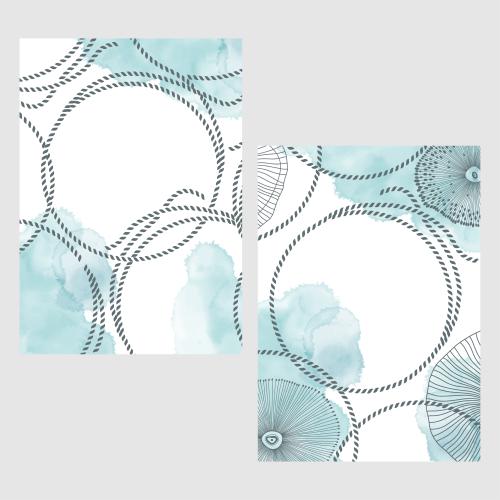 贺卡。矢量图 双明信片海洋主题带水彩条纹圆形海洋绳索海洋生物文字空间