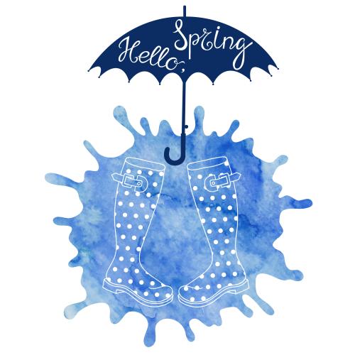 墨渍。矢量图 雨靴，伞，水彩蓝渍和白底上的“hello spring”字样
