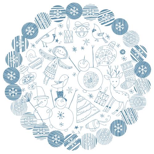 新年。矢量图 天使、雪人、鹿、玩具、蜡烛和冬季节日的其他符号，在白色背景上的雪花圆环中